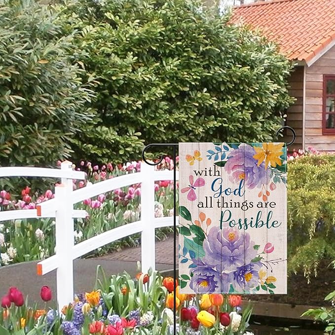 Artofy with God All Things are Possible Christian Small Decorative Garden Flag, Spring Summer Religious Purple Peony Flower Yard Outside Decor, Inspirational Farmhouse Outdoor Home Decoration 12 x 18