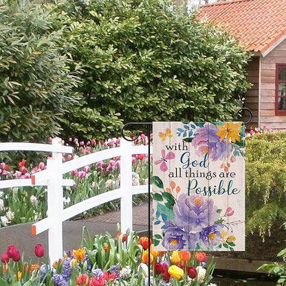 Artofy with God All Things are Possible Christian Small Decorative Garden Flag, Spring Summer Religious Purple Peony Flower Yard Outside Decor, Inspirational Farmhouse Outdoor Home Decoration 12 x 18