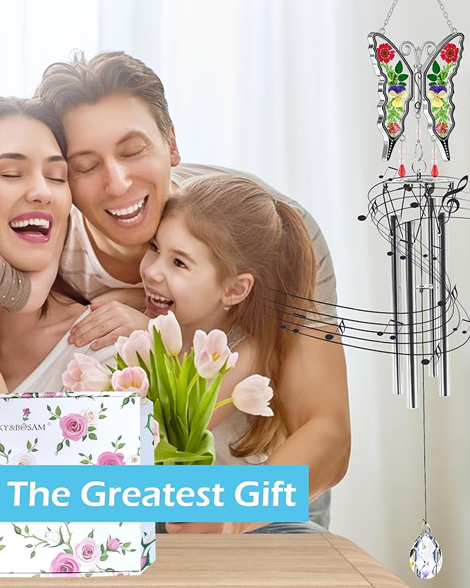 KY&BOSAM Gifts for Mom Butterfly Wind Chime for Outside with Crystal Sympathy Wind Spinner Memory Memorial Wind Chime for Loss of Loved One Mother Condolence Gift Home Outdoor Garden Patio Decor
