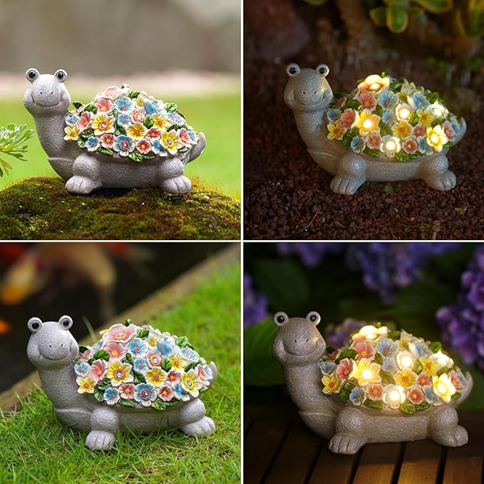 Nacome Solar Turtle Garden Statues: Weatherproof Durable Resin Sculptures with Flowers and Auto LED Lights - Outdoor Lawn Porch Patio Yard Art Decor for Mom Grandma Women