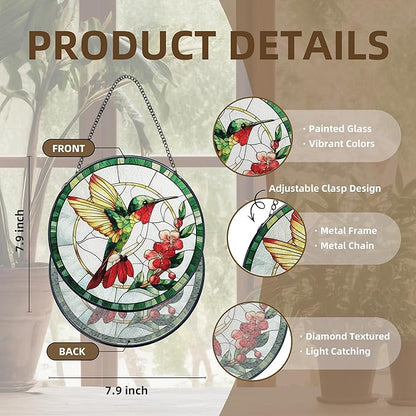Hummingbird Stained Glass Window Hanging, Hummingbird Suncatcher, Bird Floral Sun Catchers Indoor Window Round Glass Wall Art Hanging Decorations, 7.9x7.9in