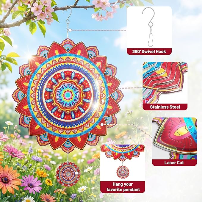 Mandala Wind Spinners Outdoor, 12In Stainless Steel Wind Spinners Outside, 3D Kinetic Hanging Sculpture, Rustproof Metal Garden Decor Ornaments for Yard Art, Women, Men, Holidays