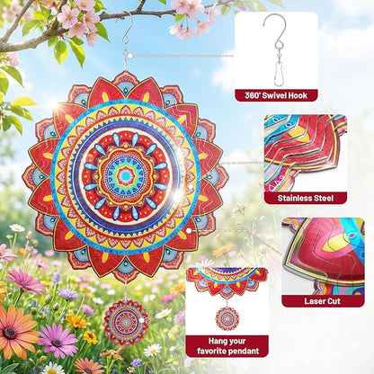 Mandala Wind Spinners Outdoor, 12In Stainless Steel Wind Spinners Outside, 3D Kinetic Hanging Sculpture, Rustproof Metal Garden Decor Ornaments for Yard Art, Women, Men, Holidays