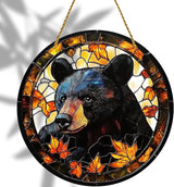 8x8 inch Charming Black Bear Autumn Acrylic Stained Glass Window Hanging Sun Catcher Decor Stained Panel Hangings Wall Art Decor, for Friends and Family (Black Bear)