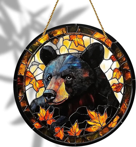 8x8 inch Charming Black Bear Autumn Acrylic Stained Glass Window Hanging Sun Catcher Decor Stained Panel Hangings Wall Art Decor, for Friends and Family (Black Bear)