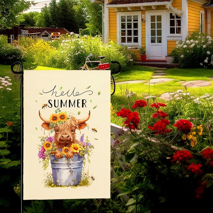 Hello Summer Garden Flag Highland Cow Yard Flag Summer Sunflower Honey Bee Floral Garden Flags Farmhouse Rustic Green Leaf House Banner for Seasonal Double Sided 12x18 Inch Outdoor Decoration