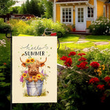 Hello Summer Garden Flag Highland Cow Yard Flag Summer Sunflower Honey Bee Floral Garden Flags Farmhouse Rustic Green Leaf House Banner for Seasonal Double Sided 12x18 Inch Outdoor Decoration