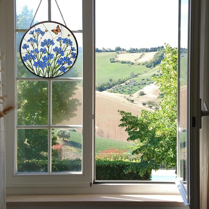 Forget-Me-Not Hand Stained Glass Window Hanging Floral Sun Catcher Decor Flower Lover Gifts for Women Christmas Suncatchers for Home Windows Hanging Decoration, 7.87inch