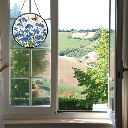 Forget-Me-Not Hand Stained Glass Window Hanging Floral Sun Catcher Decor Flower Lover Gifts for Women Christmas Suncatchers for Home Windows Hanging Decoration, 7.87inch