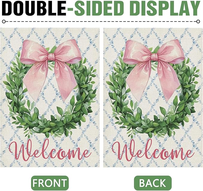 Dyrenson Welcome Pink Bow Wreath 28 x 40 House Flag Double Sided, Coquette Ribbon Eucalyptus Leaves Garden Yard Decoration, Botanical Plants Burlap Outdoor Decor Decorative Large Flag