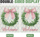 Dyrenson Welcome Pink Bow Wreath 28 x 40 House Flag Double Sided, Coquette Ribbon Eucalyptus Leaves Garden Yard Decoration, Botanical Plants Burlap Outdoor Decor Decorative Large Flag