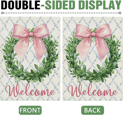 Dyrenson Welcome Pink Bow Wreath 28 x 40 House Flag Double Sided, Coquette Ribbon Eucalyptus Leaves Garden Yard Decoration, Botanical Plants Burlap Outdoor Decor Decorative Large Flag