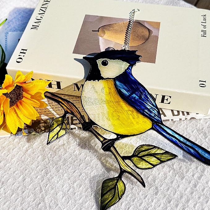 Birds on a Branch Stained Glass, Robin Bird Suncatchers Windows, Bird Suncatcher for Patio/Mom/Window (Blue)