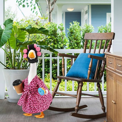 Shyyween Lady Porch Goose Outfit for 23'' Cement Plastic Lawn Goose Statue Clothes Pink Leopard Bathrobe Coffee Cup Curlers for Outdoor Garden Yard Patio Decoration