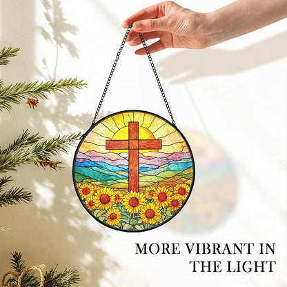 Christian Sunflower Suncatcher Stained Glass Cross Window Hanging Wall Decor, Christmas Religious Gifts for Women, Religious Wildflower Garden Lawn Sun Catchers for Window Hanging,7.9x7.9In