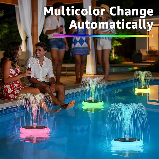 2 Pack Solar Fountain for Bird Bath with RGB LED Lights and 6 Nozzle, 3W Solar Powered Water Pump for Pond Pool Patio and Garden Aquarium Outdoor