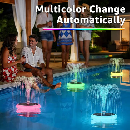 2 Pack Solar Fountain for Bird Bath with RGB LED Lights and 6 Nozzle, 3W Solar Powered Water Pump for Pond Pool Patio and Garden Aquarium Outdoor