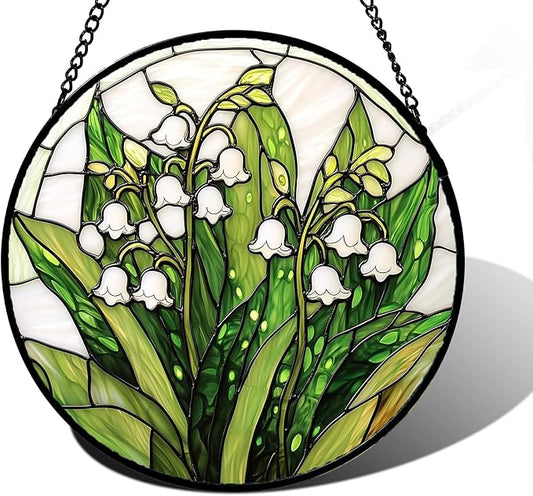 DASTOLL Stained Glass Window Hanging, Lily of the Valley Flower Sun Catchers Colorful Glass Panel Green Plants Suncatcher Decor for Birthday for Women, Men,Wife, Lovers, and Mom 9.8 in