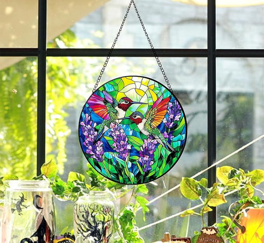 Stained Glass Window Hanging Hummingbird Sun Catcher 7.8 in, Glass Panel Suncatcher for Window Decor, Hummingbird Gifts for Women Mom and Birds Lover
