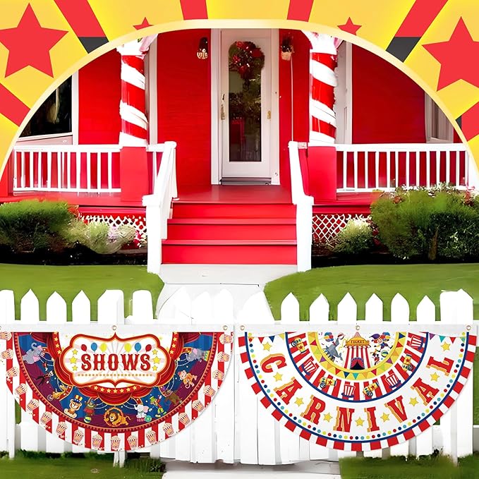 6 Pcs Circus Carnival Decoration Bunting Welcome Carnival Half Banner Red and White Striped Pattern Bunting Flag for Circus Garden Decor, 1.5 x 3 ft