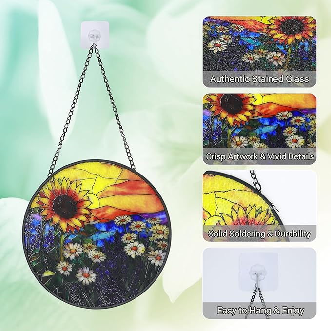 Stained Glass Window Hanging - 6.3 Inch Sunflower Gifts for Women, Sun Flower Suncatcher for Window Home Door Wall Garden Outdoor Decor and Christmas Mother's Day Birthday, Gifts for Adults Men Mom