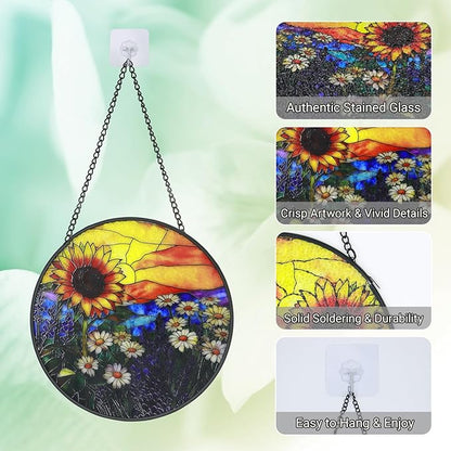 Stained Glass Window Hanging - 6.3 Inch Sunflower Gifts for Women, Sun Flower Suncatcher for Window Home Door Wall Garden Outdoor Decor and Christmas Mother's Day Birthday, Gifts for Adults Men Mom
