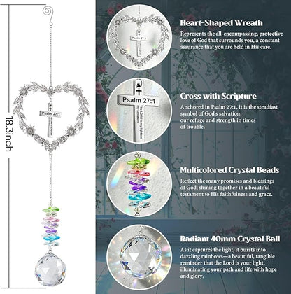 Christian Gifts for Women, Heart-Shaped Suncatcher with Cross - Religious Birthday Ornament with Scripture The Lord is My Light and My Salvation - Inspirational Catholic Spiritual Gifts