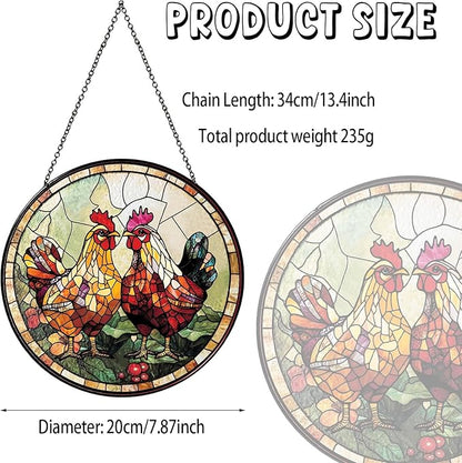 Couple Chicken Stained Glass Window Hanging Chicken Sun Catcher Decor New House Decor Christmas Suncatchers for Home Windows Hanging Decoration, 7.87inch