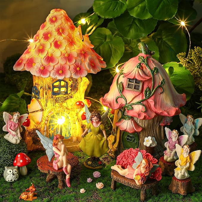 HyDren 100 Pcs Fairy House Garden Figurines Kit 8'' Solar Miniatures Light up 6.6" Fairy House Gnome Animals Doll Outdoor Resin Statues Micro Landscape Ornaments DIY Garden Decor