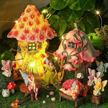 HyDren 100 Pcs Fairy House Garden Figurines Kit 8'' Solar Miniatures Light up 6.6" Fairy House Gnome Animals Doll Outdoor Resin Statues Micro Landscape Ornaments DIY Garden Decor
