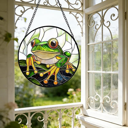 DASTOLL Stained Glass Window Hanging, Green Frog White Petals Sun Catchers Colorful Glass Panel Cute Suncatcher Decor for Birthday for Women, Men, Wife, Aunt, and Mom 11.8x11.8 in