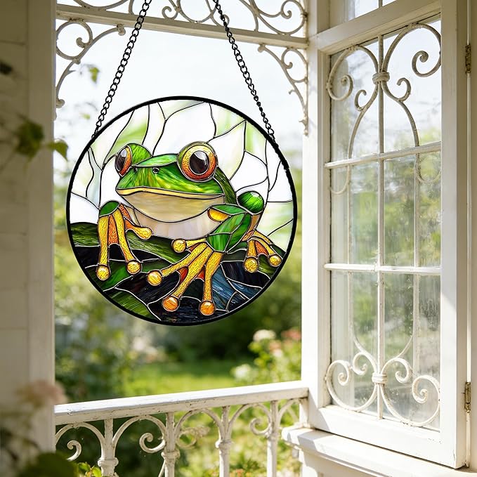 DASTOLL Stained Glass Window Hanging, Green Frog White Petals Sun Catchers Colorful Glass Panel Cute Suncatcher Decor for Birthday for Women, Men, Wife, Aunt, and Mom 14.9x14.9 in