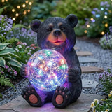Lavezee Black Bear Statue Outdoor Garden Decor, Bear Figurine Holding Glowing Orb for Garden, Patio, Yard Decor