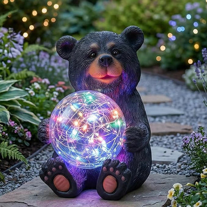 Lavezee Black Bear Statue Outdoor Garden Decor, Bear Figurine Holding Glowing Orb for Garden, Patio, Yard Decor