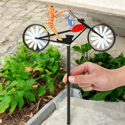 Vintage Cat Bicycle Wind Spinner, Funny Animal Riding Bike Metal Spinners Decoration Sculptures, Colorful Kinetic Pinwheels with Stakes for Yard Garden Lawn, Pet Pin Wheels Outdoor Decor