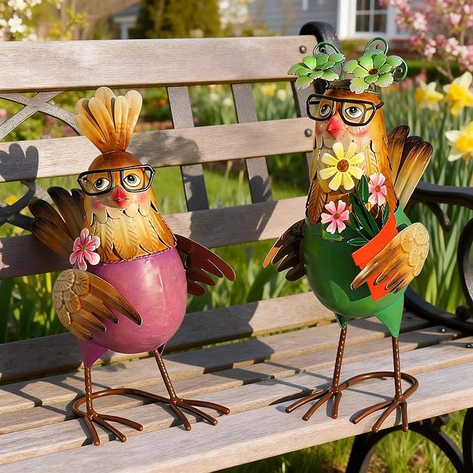 Natelf Metal Rooster & Hen Outdoor Statues Home Decor Hand-Painted Chicken Sculptures with Flower for Home Patio Lawn Backyard Farmhouse Kitchen Weather-Resistant Garden Ornament Gift Set
