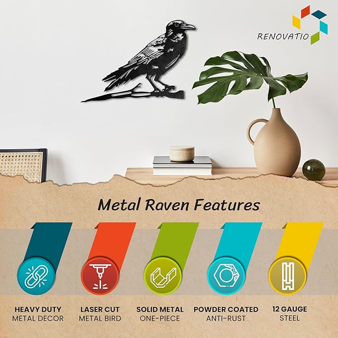 Renovatio Metal Bird Decor, Gifts for Mom, Artistic Raven Silhouette, Metal Garden Ornament, Outdoor Tree Decorations – A Remarkable Yard & Lawn Decor – Raven (Black)