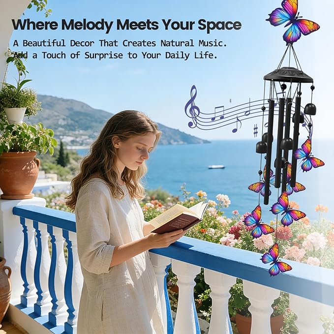 AVEKI Metal Butterfly Wind Chimes for Outside, Butterfly Gifts for Women Mother's Day Birthday Christmas, Black Wind Chime with 7 Butterflies, Outdoor Windchimes Decor for Garden Patio (Butterfly-2)