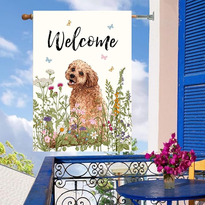 Floral Golden Doodle Garden Flag Spring Summer House Flags 28 x 40 Double Sided Flower Dog Yard Flags for Outside Large Outdoor Welcome Flags