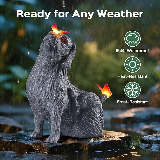 DyBaxa Garden Décor, Garden Statues, Gifts for Women, Mom, Grandma, Patio, Balcony, Yard Decorations Outdoor - Unique Solar Decor Birthday & Housewarming Gifts, Dog Statue with Butterfly Light
