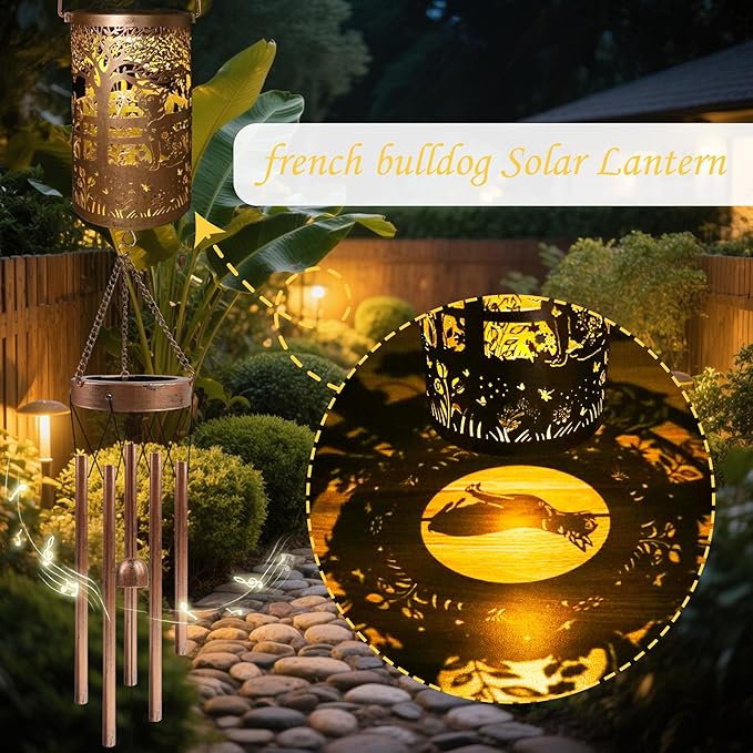 French Bulldog Solar Wind Chimes for Outside - Dog Decor Gifts Outdoor Solar Lantern Wind Chimes, Metal Decorative Hanging Lights for Patio Porch Yard Lawn