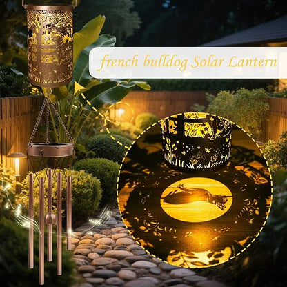 French Bulldog Solar Wind Chimes for Outside - Dog Decor Gifts Outdoor Solar Lantern Wind Chimes, Metal Decorative Hanging Lights for Patio Porch Yard Lawn