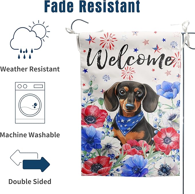 4th of July Dachshund Garden Flag Red White Blue Floral Weiner Dog Yard Flags Small Memorial Independence Day Banner 12x18 Double Sided for Outside Outdoor Patriotic Decor