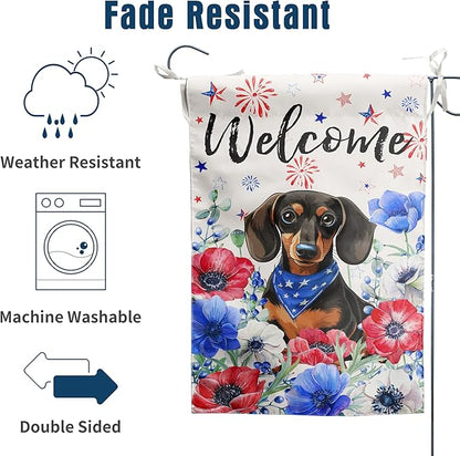 4th of July Dachshund Garden Flag Red White Blue Floral Weiner Dog Yard Flags Small Memorial Independence Day Banner 12x18 Double Sided for Outside Outdoor Patriotic Decor