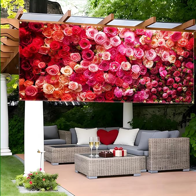 Rose Valentine Garage Door Banner 157.5x70.9in Large Floral Garage Door Cover for Outdoor Love Decorations House Exterior Yard Party Decor with Grommets and Rope