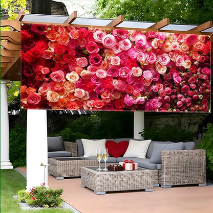 Rose Valentine Garage Door Banner 157.5x70.9in Large Floral Garage Door Cover for Outdoor Love Decorations House Exterior Yard Party Decor with Grommets and Rope