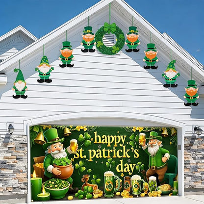 St Patrick’s Day Garage Door Banner 157.5x70.9in Large Garage Door Cover Outdoor Shamrock Leprechaun Decorations for House Exterior Party Decor with Grommets Rope