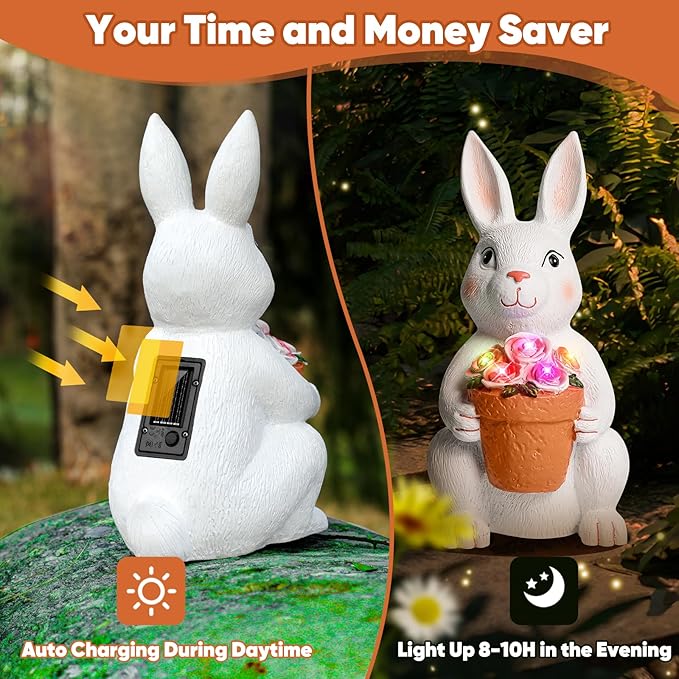 Brightever Solar Powered Outdoor Garden Statues- Rabbit with Flowers and 5 Colorful LED Lights, 11.8IN Outdoor Figurine Lights, Solar Garden Bunny Statue for Mom, Women, Female
