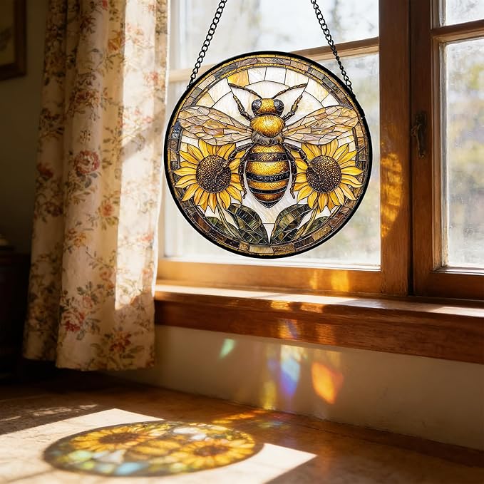 DASTOLL Stained Glass Window Hanging - Bee Sunflower Yellow Suncatcher Ready to Hang Window Doors Home Decoration and Christmas, Mother's Day Birthday Gifts for Women, Men, and Mom 14.9x14.9 in