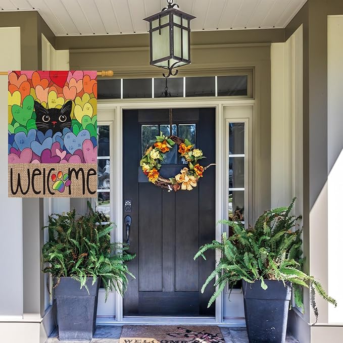 Louise Maelys Pride Month Garden Flag Rainbow Black Cat 28x40 Inch Double Sided Large Burlap Love Heart Gay Lesbian LGBTQ Yard Outdoor Sign Outside Home House Decor